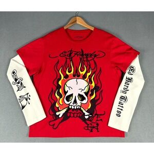 Ed Hardy Shirt Mens Large Red Skull Crossbone Flame Sleeve Hit Thermal Y2K